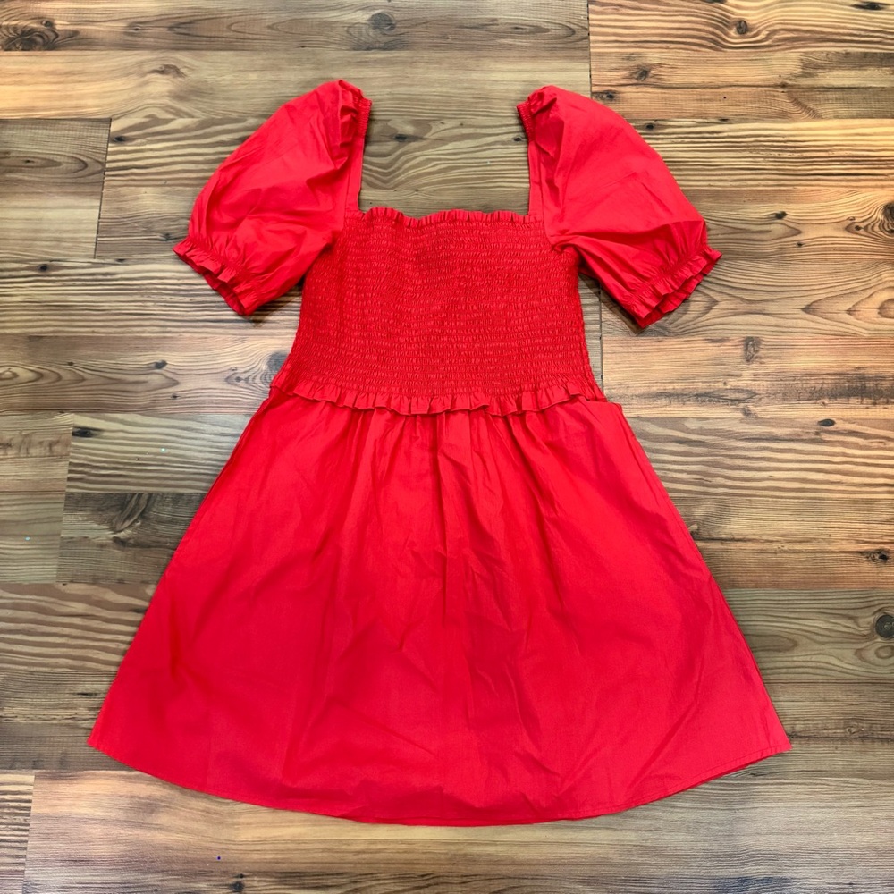 Red Smocked Puff-Sleeve Dress